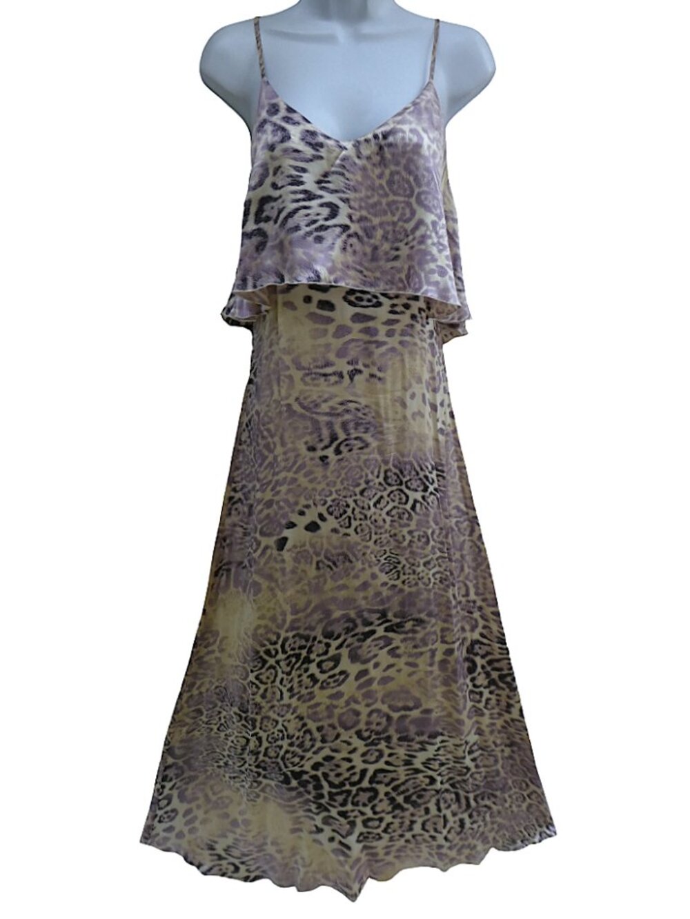 SiLK Vintage Blu Moon Light Purple Cheetah Animal Satin Slip Dress Ruffle V Back
